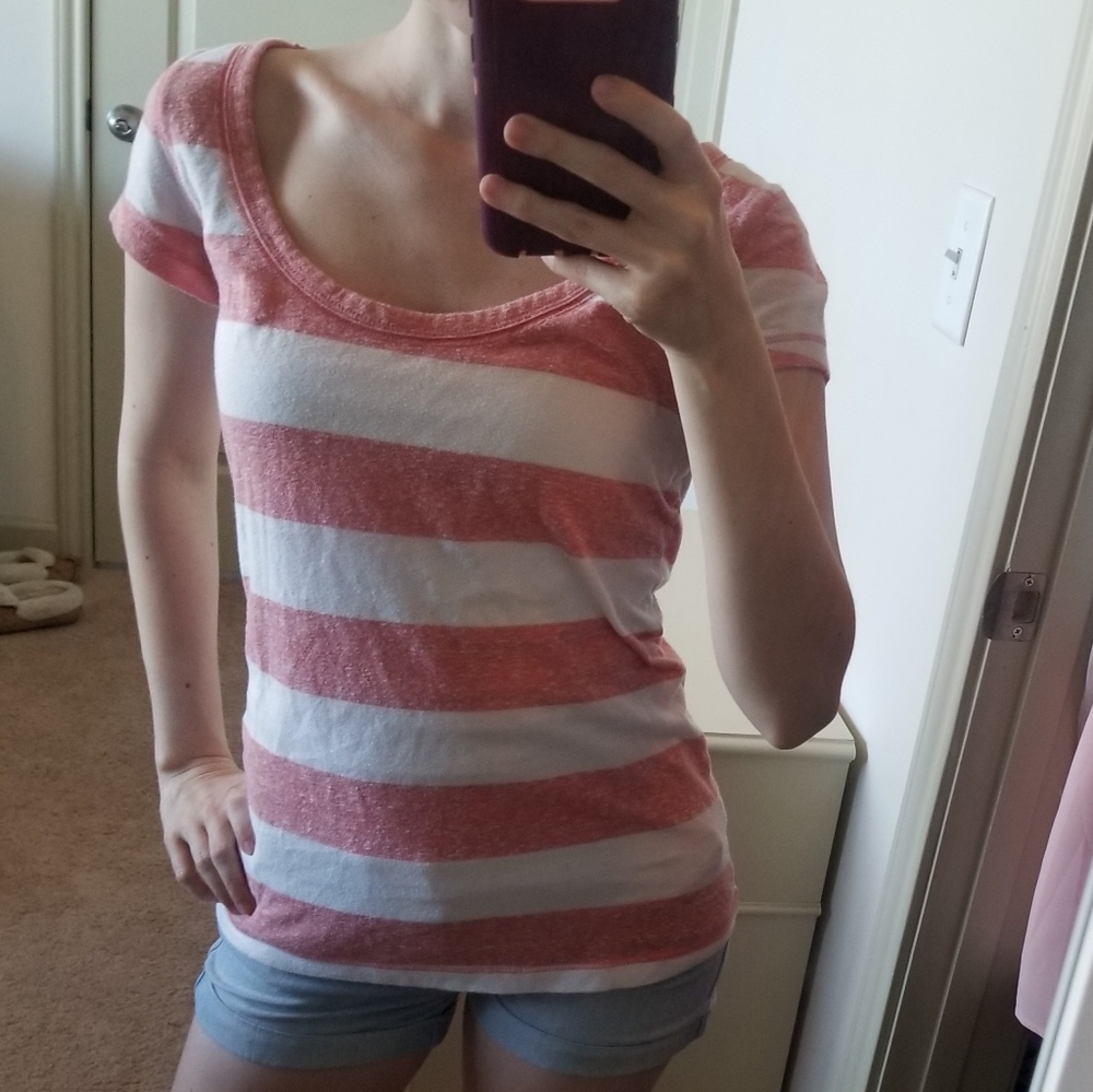 White and Coral Striped Short Sleeve Shirt